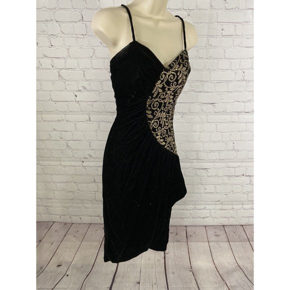 VTG New Leaf Black Gold Spaghetti Strap Velvet Back Zip Bodycon Dress Womens 5/6 - Picture 2 of 14